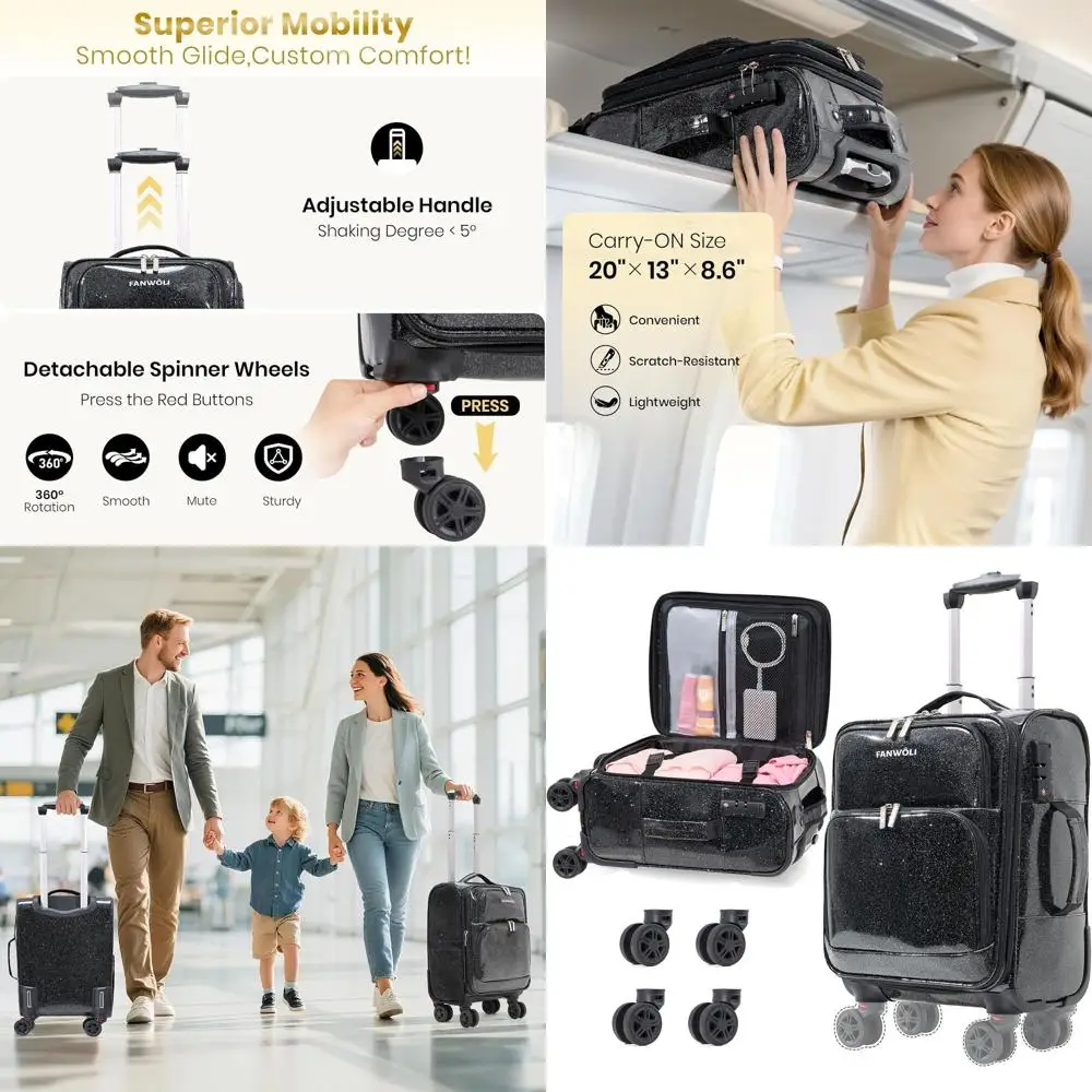 

Расширяемая ручная кладь 20 со съемными колесами, 22x14x9, одобренная авиакомпанией, водонепроницаемый полиуретан, замок TSA, передний карман, черный