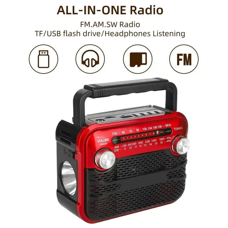 

Portable 125BT Compact FM Radio With Flashlight FM/AM/SW 3-band Radio USB/TF Player Wireless Blue Tooth Emergency Radio