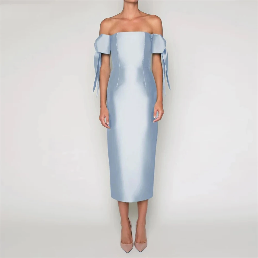 

Customized Yipeisha Simple Sky Blue Satin Sparkly Evening Dresses Strapless Off the Shoulder Back Zipper Straight Tea-Length Par