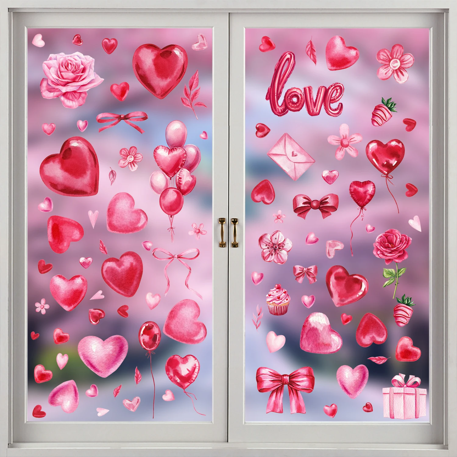 5pcs/set Heart Love Double-Sided Printed Glue-Free Wall Stickers Electrostatic Glass Film For Shop Window Decorations