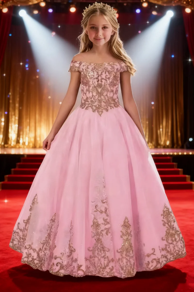 Flower Girl Dress for Wedding Kids Off Shoulder Lace Appliques Princess Pageant Frock Custom Sparkling First Communion Gown