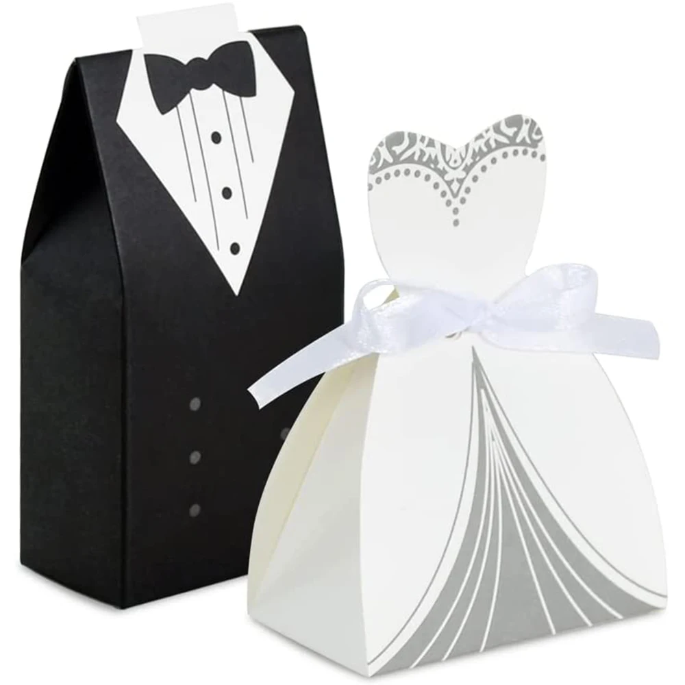 50Pcs Bride And Groom Candy Boxes Wedding Favor Tuxedo Wedding Dress for Bridal Shower Deco Gifts Packaging Boxes Party Supplies