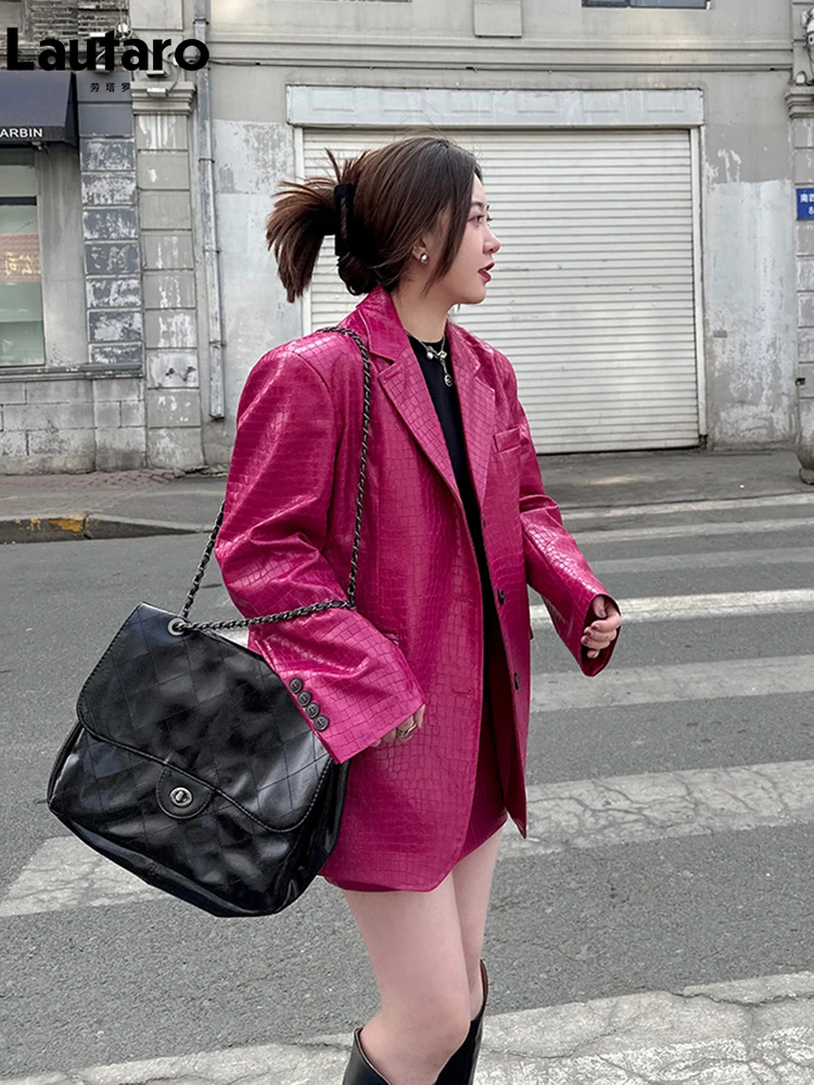 Lautaro-Blazer en cuir PU verni imprimé crocodile pour femmes, décontracté, imprimé crocodile brillant, simple boutonnage, vêtements de créateurs de luxe