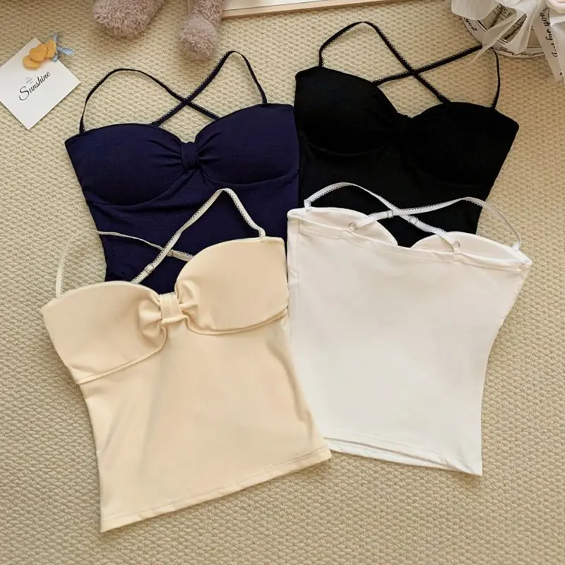 Sexy Pure Desire Built in Bra Tops Women Knot Design Cross Back Strapless Crop Tops Coquette Y2k Style Daily Streetwear Party