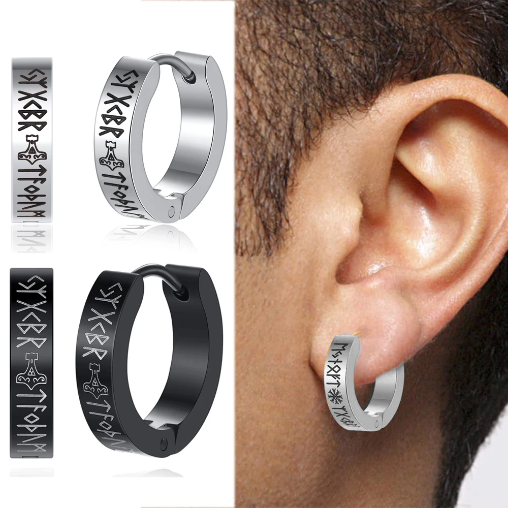 1Pc Norse Viking Runes Hoop Earrings for Men Women Stainless Steel Huggie Hoop Earrings For Male Fashion Wedding Party Jewelry