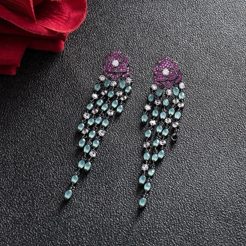 FXLRY Luxury long black gun plated vintage purple rose flower with green tassel earring for women Jewelry