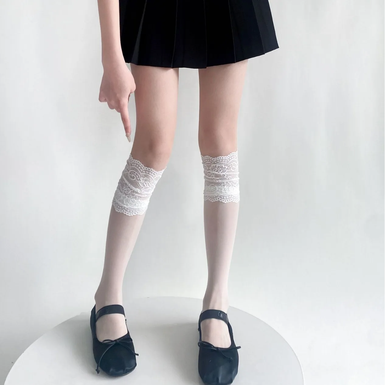 Renda plissado meias longas ultra-fino transparente meias femininas jk lolita doce meninas sexy renda malha fishnet meias joelho