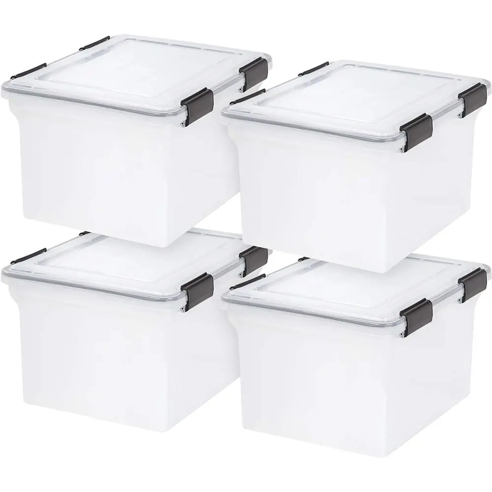 

Plastic Stackable Weatherproof Document Box, 32 Qt, 4-Pack, Durable Lid with Secure Buckles