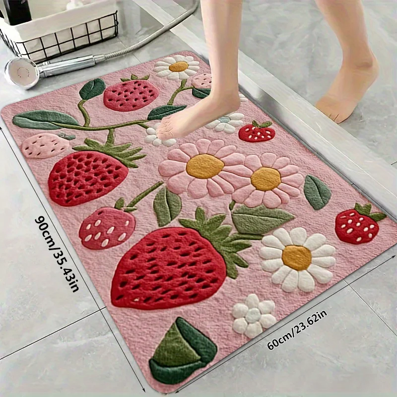 Strawberry & Floral Bath Mat – Soft Pink Design for Bathroom, Kitchen & Entryway Decoration floor mat 40x60cm16x24in