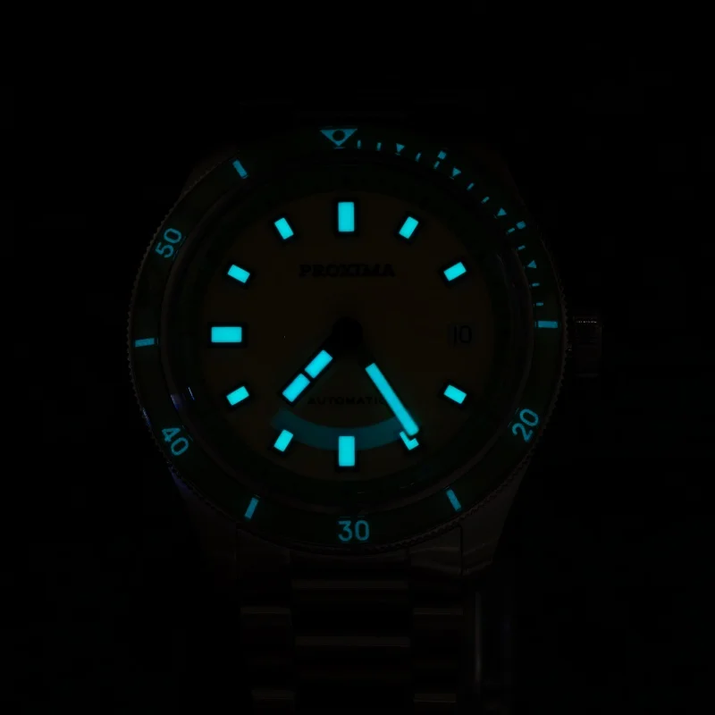 ステンレス製のメンズ機械式腕時計,自動巻き時計,発光,サファイア,セラミックベゼル,白いエナメルダイヤル,防水,BGW-9, 39mm, 20atm