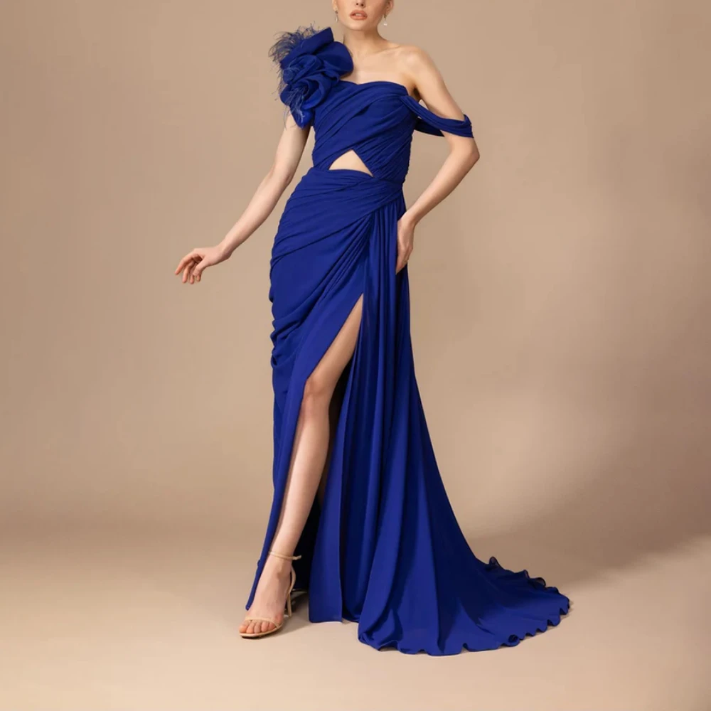 

Elegant Wedding Guest Dresses for Women Blue Chiffon Mermaid Evening Dress Pleated Off The Shoulder Sexy Party Gowns Customized