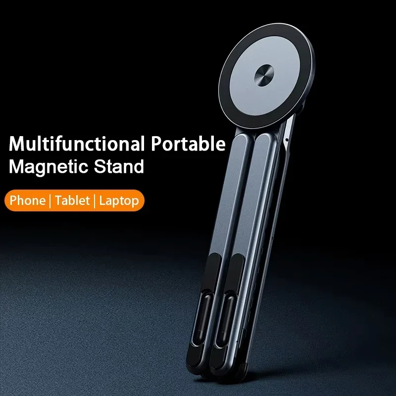 Support de téléphone magnétique multifonctionnel, bâton de selfie portable, trépied pliable, support de bureau portable pour iPhone, iPad, tablette, ordinateur portable