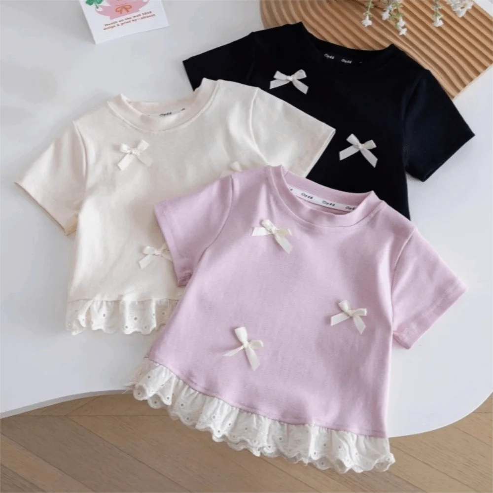 Fashion Lace Trim Girls Bow T-shirt Round Neck Sweet Children's Tops Short Sleeve Summer