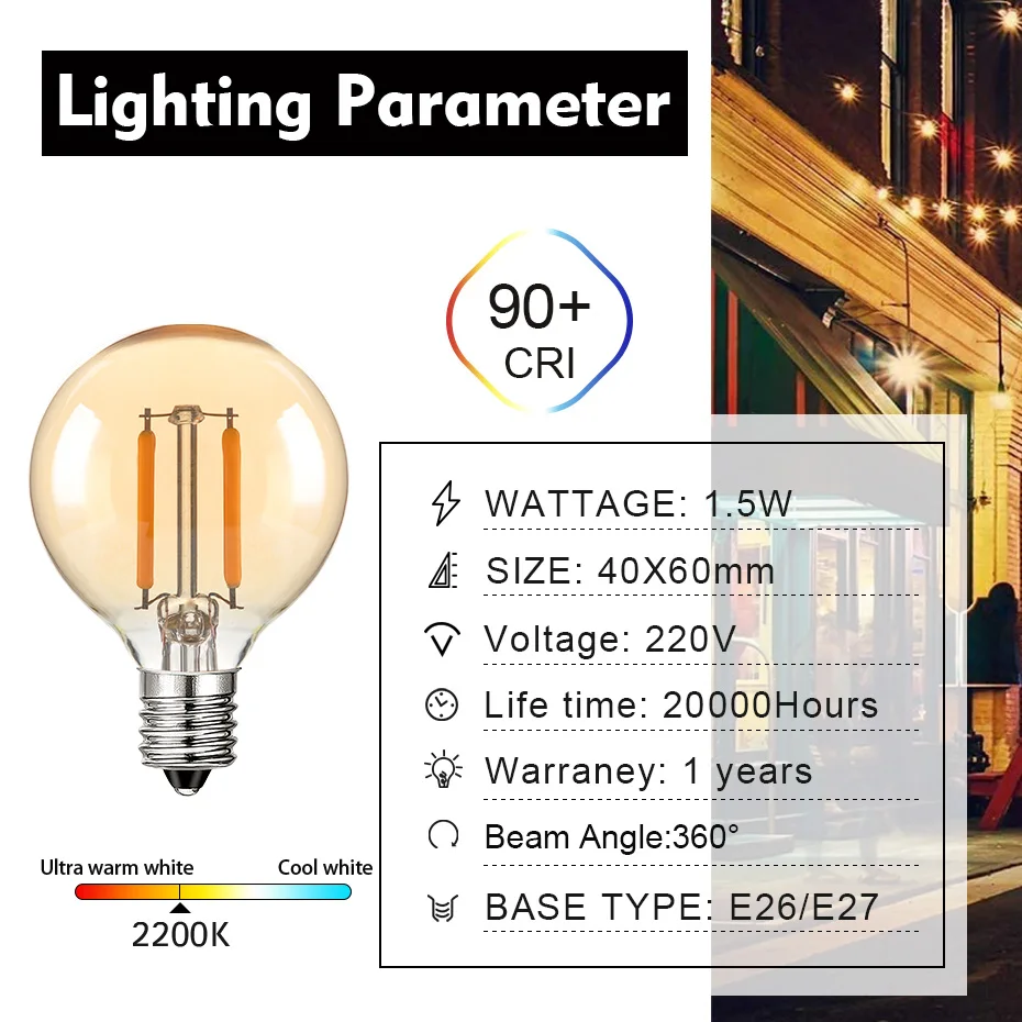 Vintage Garland G40 Globe Replacement Bulb 1.5W E12 EU Connectable String Light Garden Wedding Christmas Gazebo Party Decoration