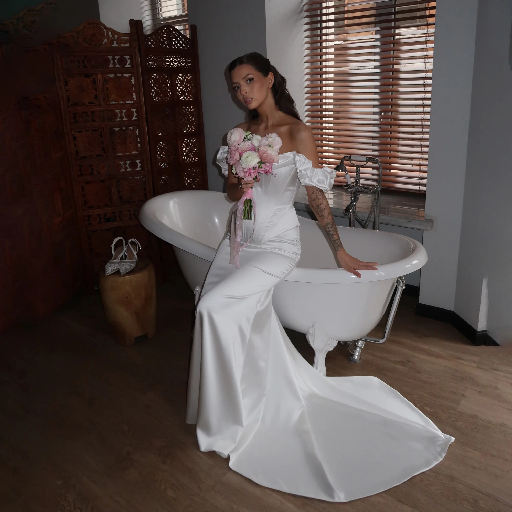 Civil Wedding Dress Satin Mermaid Strapless Off Shoulder Backless Bridal Gown Sweep Train Vestidos De novia Boda Customized