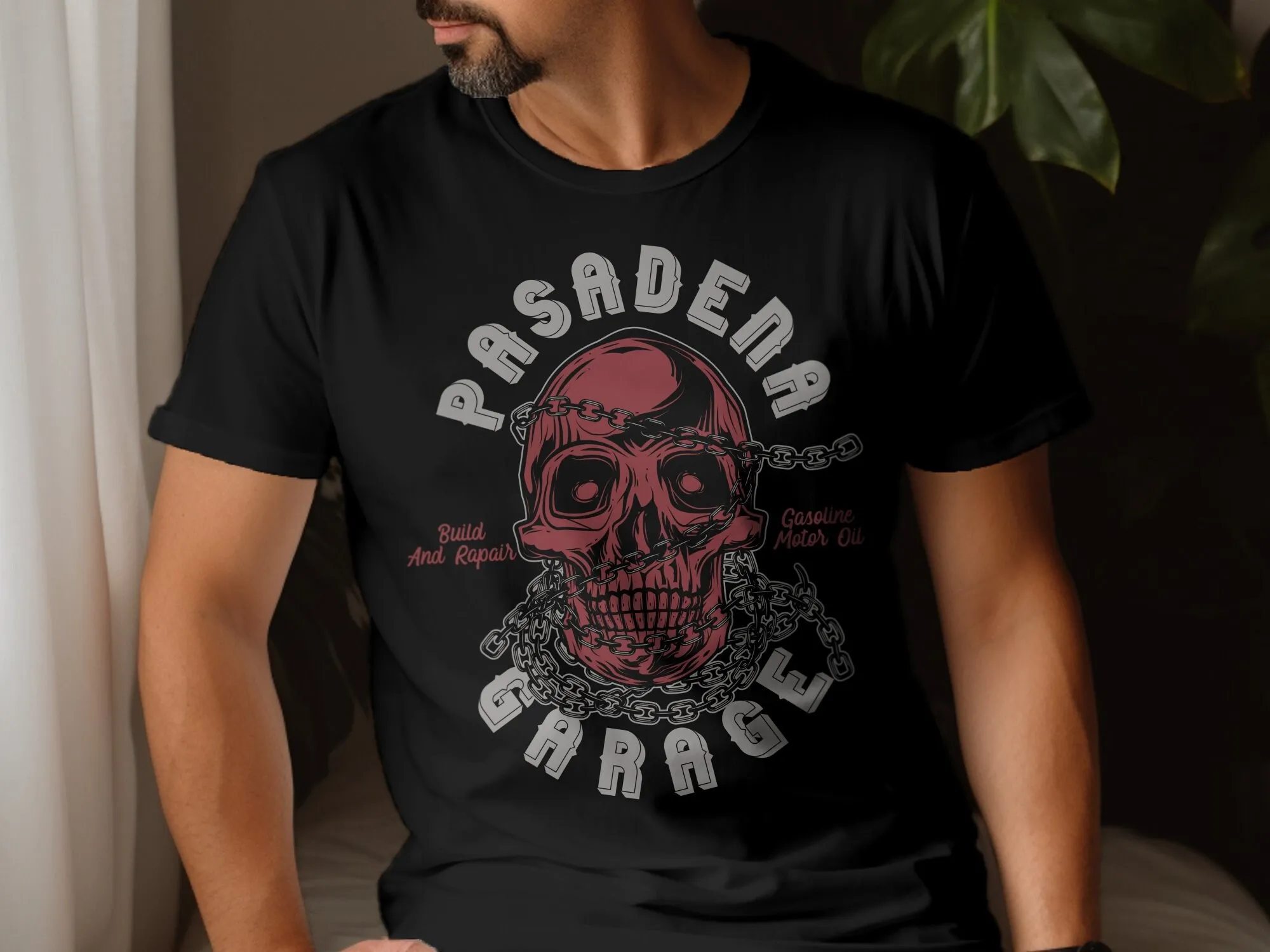 

Vintage Skull Garage T Shirt Pasadena Retro Gasoline Motor Oil Chains Design Urban Streetwear Biker Apparel