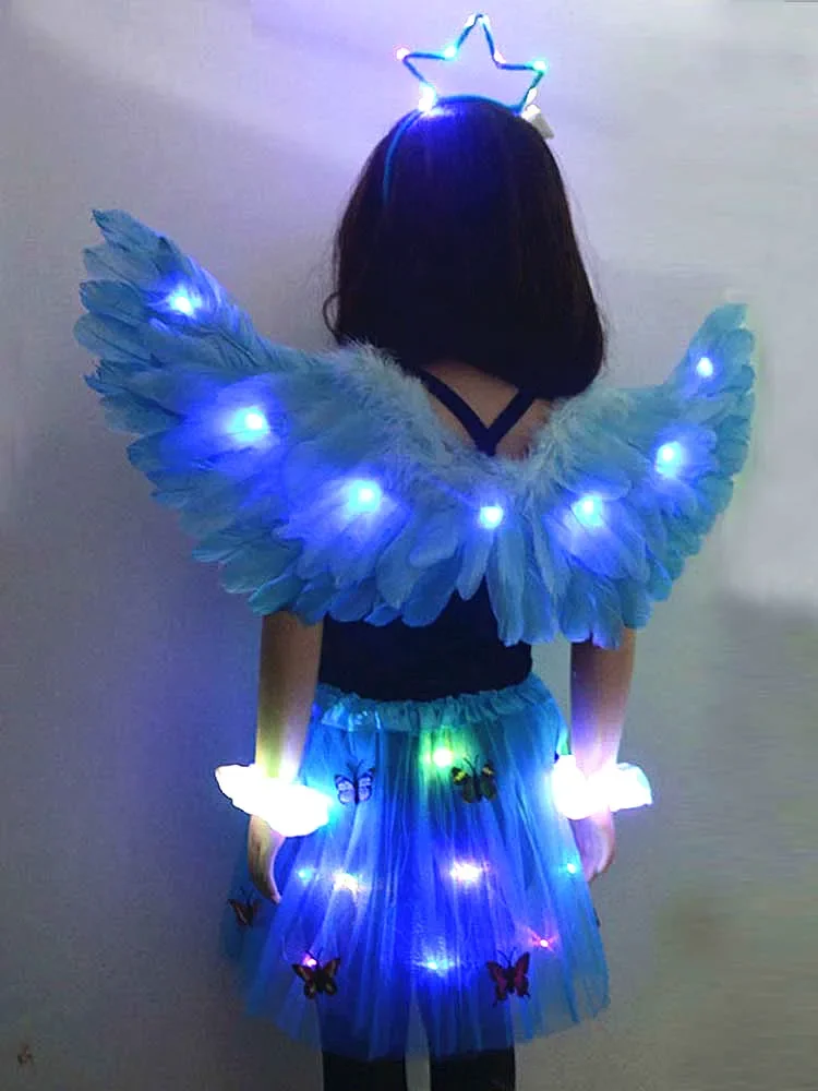 Adult Kids Luminous Angel Costume LED Light Feather Wing Halo Ring Crown Butterfly Skirt Glow Birthday Party Wedding Christmas