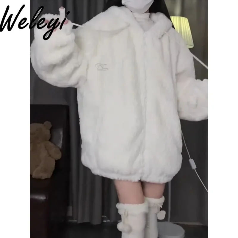 Jirai Kei Rabbit Ears Furry Winter Hooded Coat Women\'s Cute Mid-length Lamb Wool Coats Loose Plush Thickened Cotton Clothes