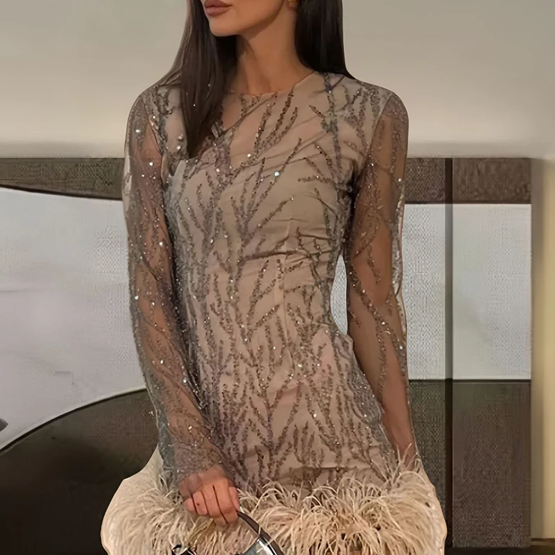 Sexy Round Collar Long Sleeve Dress Elegant Female Party Evening Vestidos Fashion Sequins Feather Hem Sheer Mesh Skinny Dresses