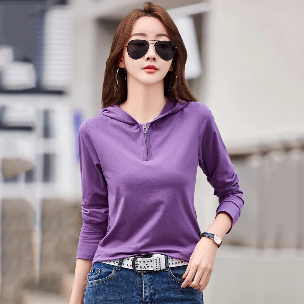 

New Women Spring Summer Zipper Hooded T-shirt Fashion Casual Long Sleeve Basic Hoodies Loose Pullover Cotton Tees Tops