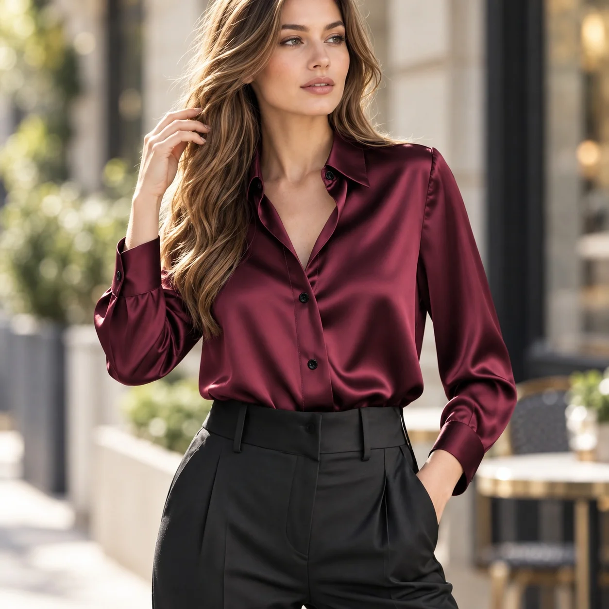 Long Sleeve Notched Collar Shirt with Printed Pattern Regular Length Elegant Women Blouse Slight Stretch Woven Construction