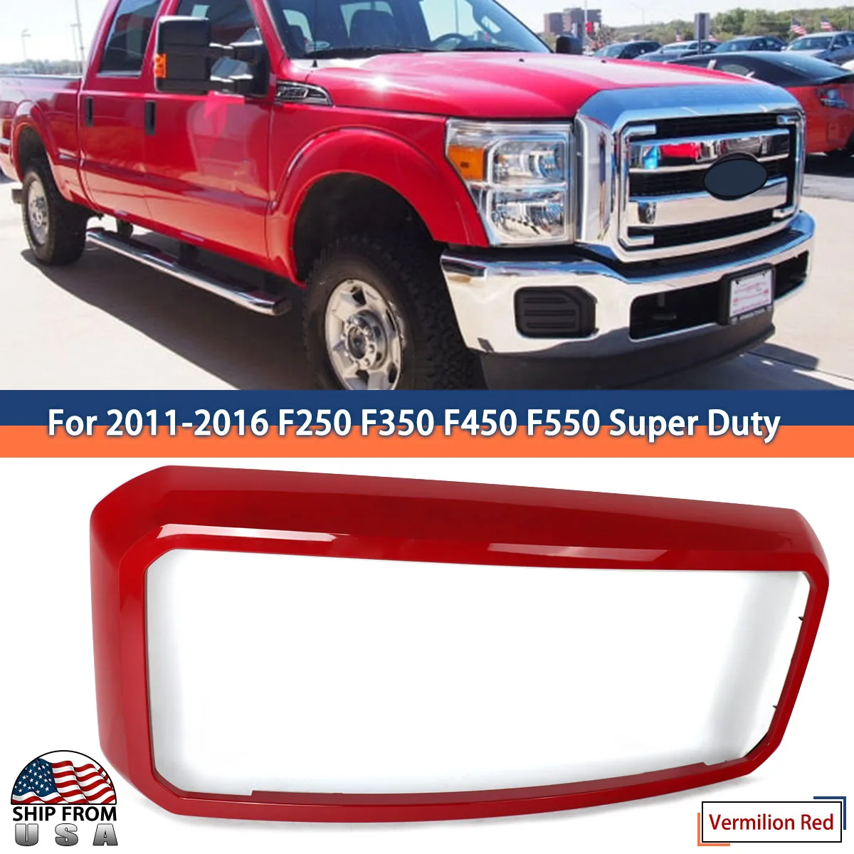 Magickit Front Grill Frame Surround Shell Replace For Ford F250 F350 Super Duty 2011-2016 King Ranch Lariat XLT Vermilion Red E4