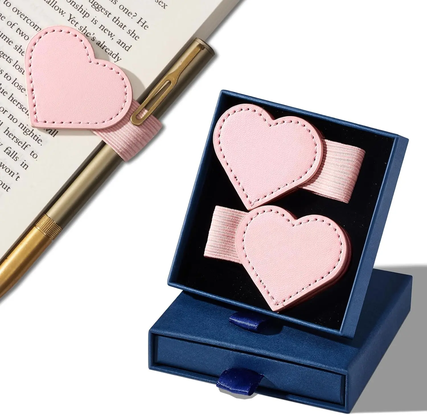New Magnetic Bookmark Pen Holder-Non self-adhesive reusable, Heart Shaped Reading Accessory with Leather Bookmark