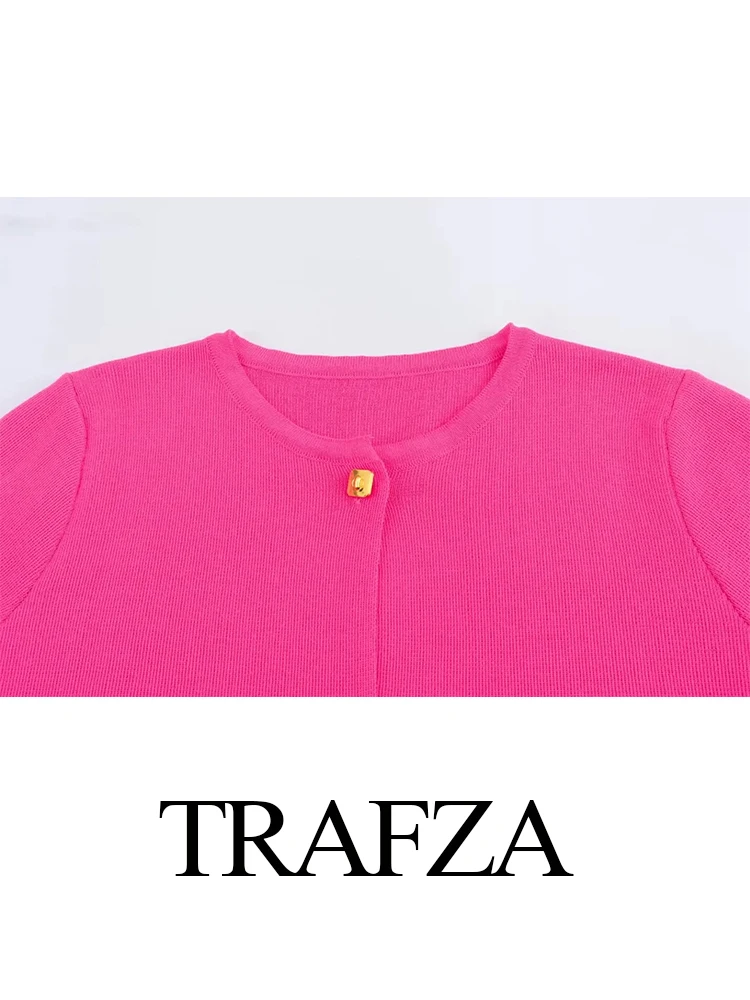 TRAFZA 2024 Women Thin Knitted Short Top Casual Solid O-Neck Short Sleeves Single Button Sweater Knitted Cardigan Jacket Outwear