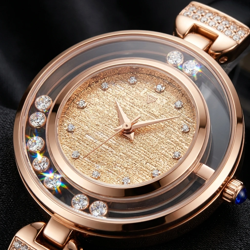 Mark Fairwhale Ladies Quartz Watch Round Hollow Frame Glitter Dial Floating Rhinestone Mesh Metal Strap Female Wristwatch