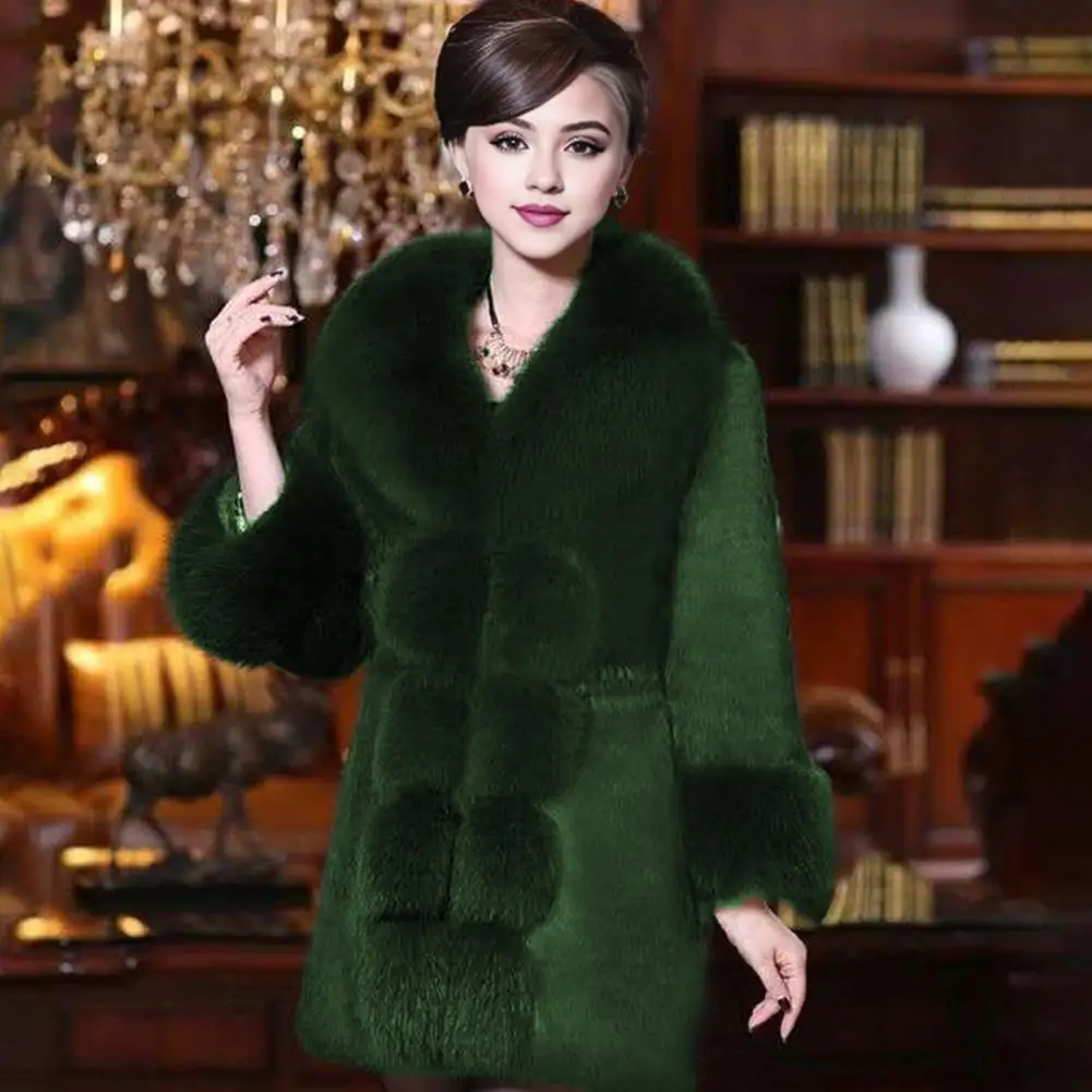 Plush Decoration Women Coat Elegant Mid-aged Women's Fuzzy Faux Fur Overcoat with V Neck Elastic Waist Celebrity for Cold-proof