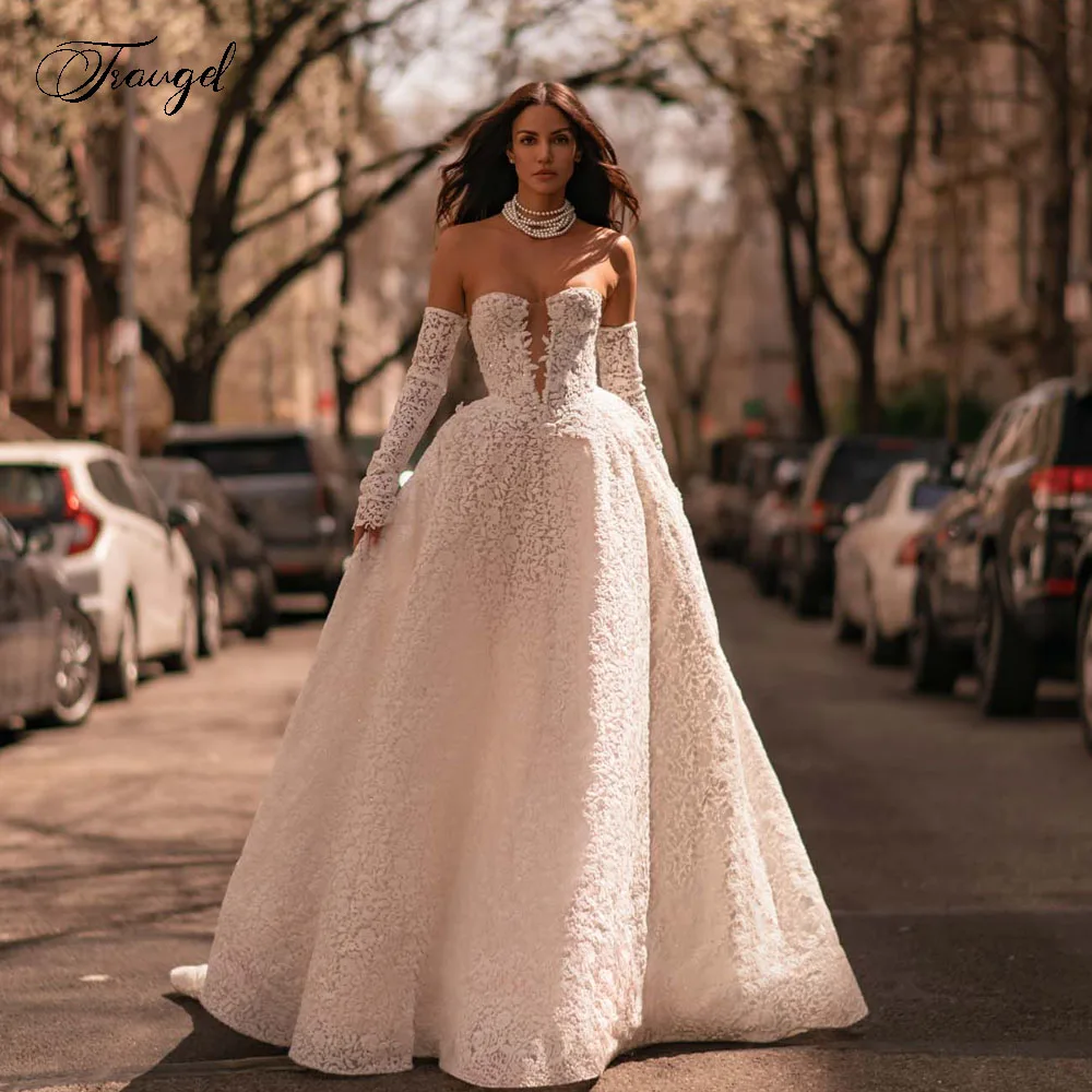 

Customized Strapless A-Line Wedding Dresses Lace Embroidery Vestido De Novia For Women Detachable Sleeve Vintage Robe De Mariee