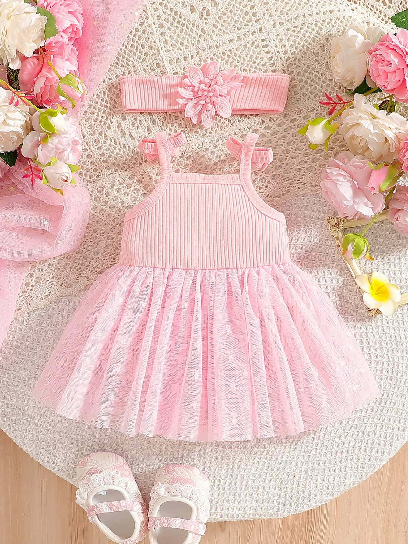 Baby Girl Summer Cute Romantic Sweet Pink Ribbed Bow Strap Jumpsuit with 3D Floral Decor, Polka Dot Mesh Tutu Skirt and Matching