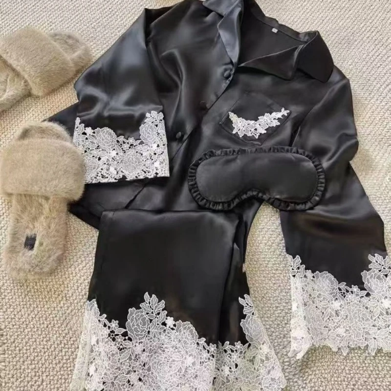 jiayan-2025-female-pajamas-set-white-satin-lace-trim-bride-wedding-sleepwear-homewear-loose-long-sleeve-trouser-suit-loungewear