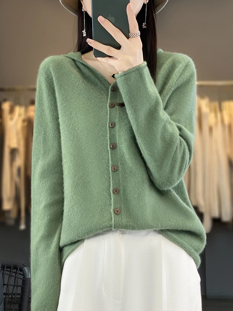 Yoyosreaching-Pull cardigan à capuche en laine mérinos pour femme, tricots en cachemire, pull basique, haut décontracté, vêtements d'automne et d'hiver, 100%