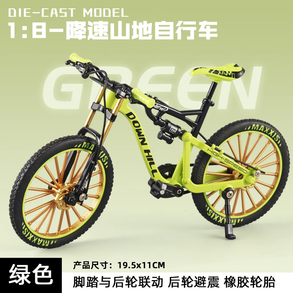1:8 Modello con ingranaggi in lega di bicicletta da montagna Diecast in metallo Mountain Bike Bend Road Fold Bicicletta da corsa Simulazione Regalo Giocattoli per bambini