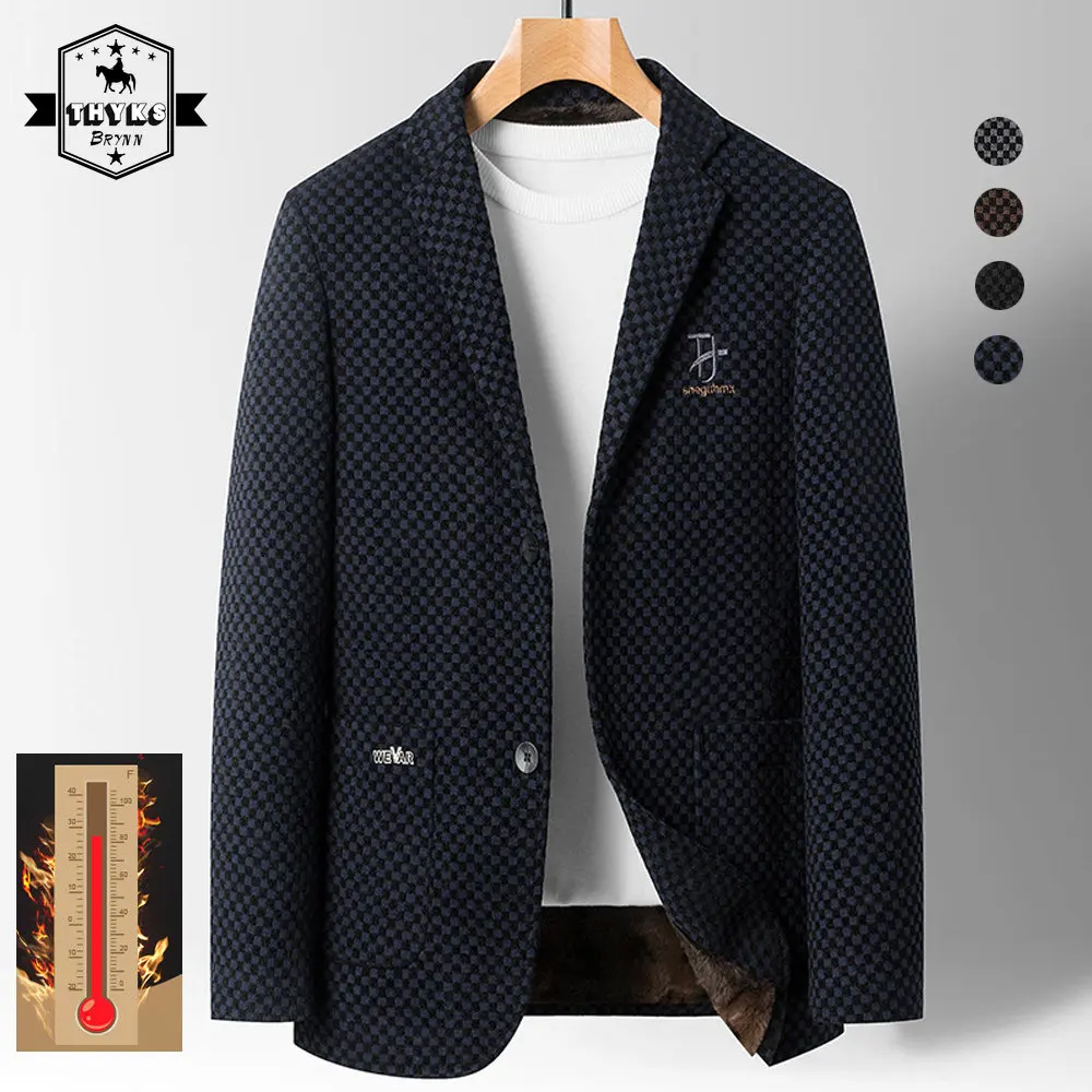 

Fleece Woolen Blazer Men Winter Thickened Jacket Checkerboard Business Casual Coats Single Breasted Luxury Brand Blazers Costard