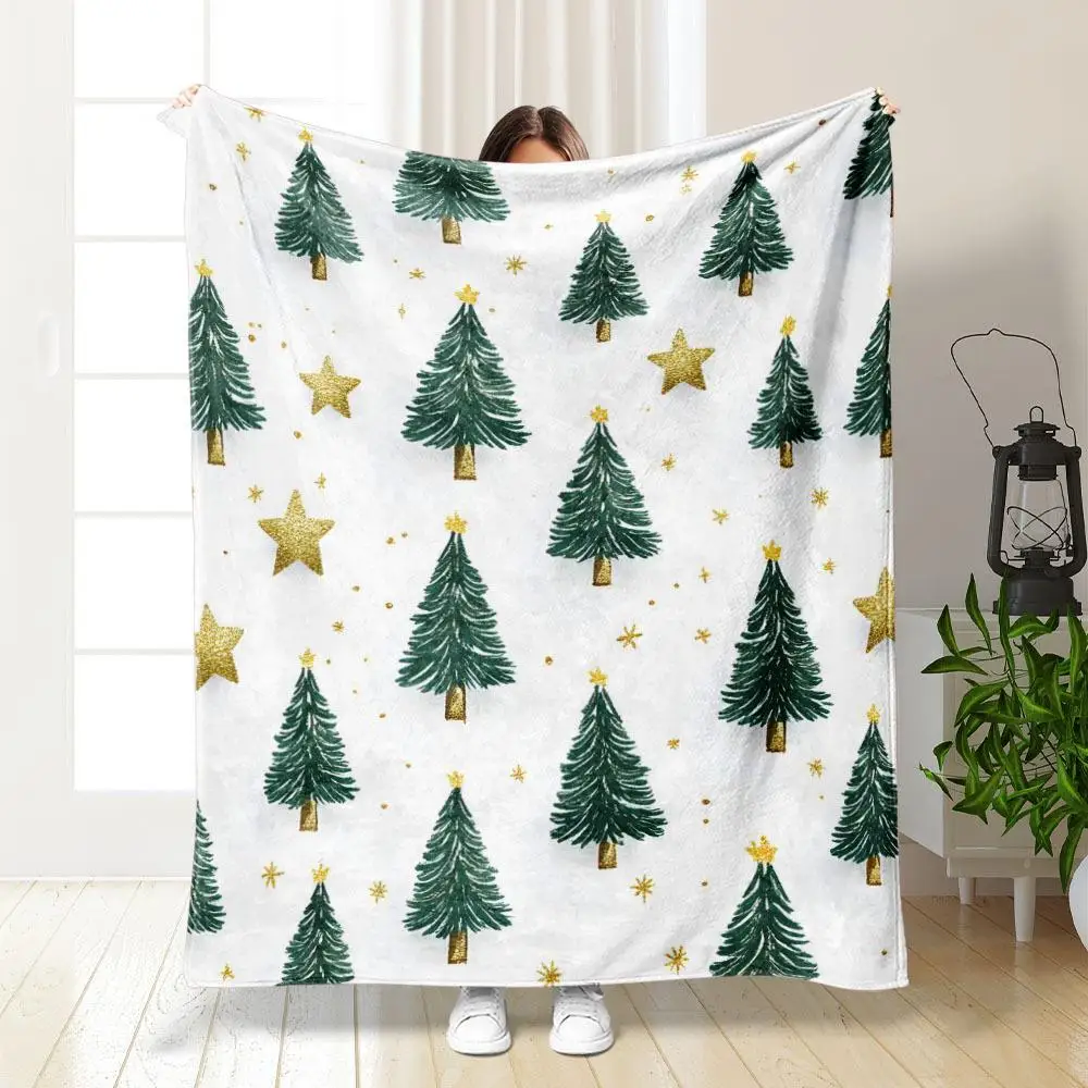 

1pc Christmas tree and gold star pattern blanket, polyester fabric, machine washable, suitable for bedroom and living room
