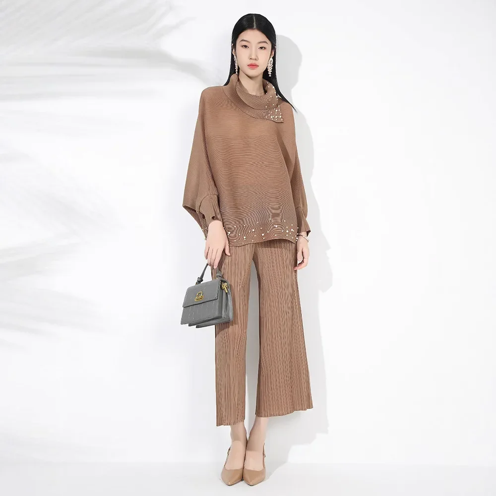 Miyake pleated lapel suit for women 2024 autumn new solid color beaded long-sleeved lapel top + straight pants two-piece set