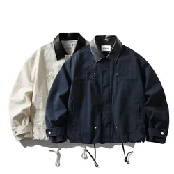 Men Japanese Korean Streetwear Fashion Vintage Loose Casual Leather Collar Splice Cotton Cargo Jacket Cityboy Spring Autumn Coat