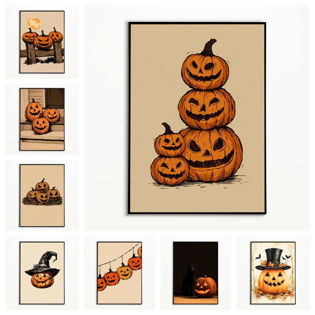 1PC Rural Halloween Pumpkin Poster Retro Autumn Farmhouse Wall Art Cartoon Grimace Pumpkin Canvas Printing Fall Gift Room Dec