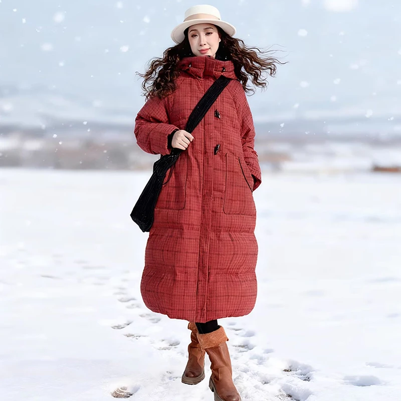 115-135 سنتيمتر التمثال الشتاء أسفل السترات النساء أنيقة الأبيض بطة أسفل يندبروف سميكة الدافئة طويلة الأحمر منقوشة مقنعين أسفل السترات المنتفخة #4