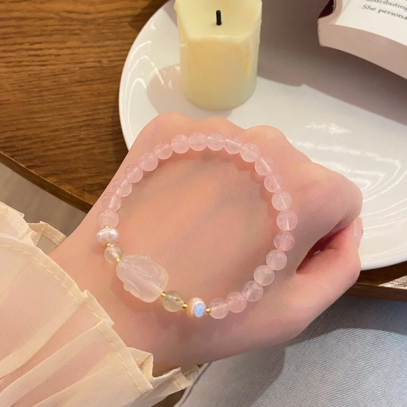 Super Fairy Sweet Special-Interest Design Lychee Jelly Agate Lying Rabbit Bracelet Pink Crystal Light Luxury Girlfriends Bracele