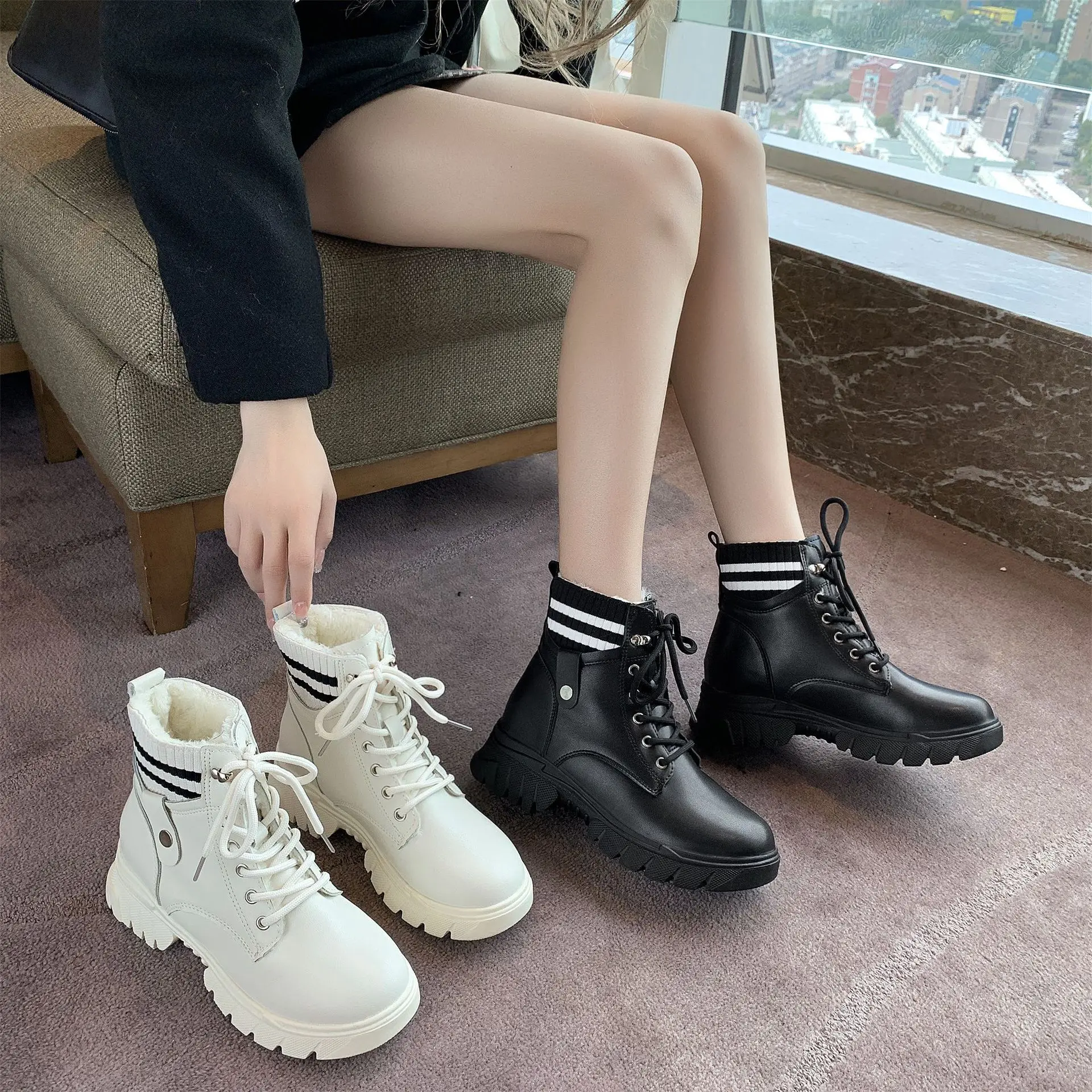 

Лидер продаж, теплые носки на подкладке, ботинки с манжетами, женские модные ботильоны на массивном каблуке со шнуровкой