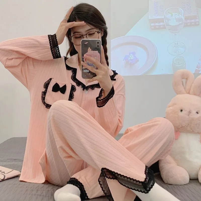 2023 New Pajama Women's Spring Autumn Solid Color Cotton Jacquard Cardigan Lapel Loose Fat Plus-size Set Lace Edge Loungewear