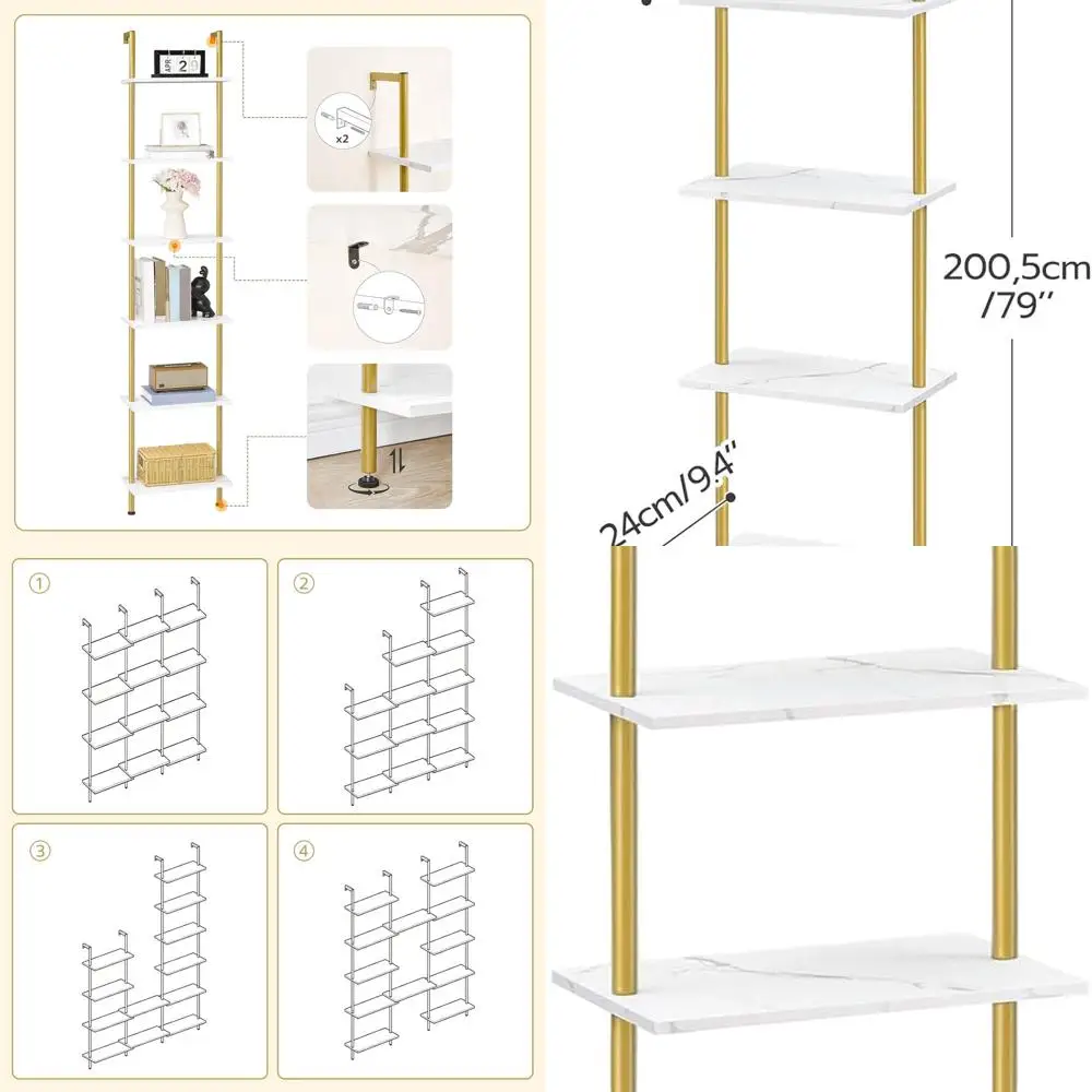 

6-Tier Gold Wall-Mounted Wooden Shelf - Narrow Bookcase for Home, Office, Plants, and Storage