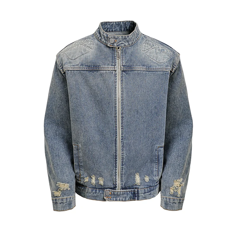 

Men Cool Handsome Stand Collar Moto Denim Jackets Slim Fit PU Denim Coats High Quality Male Punk Style Casual Zip Coats