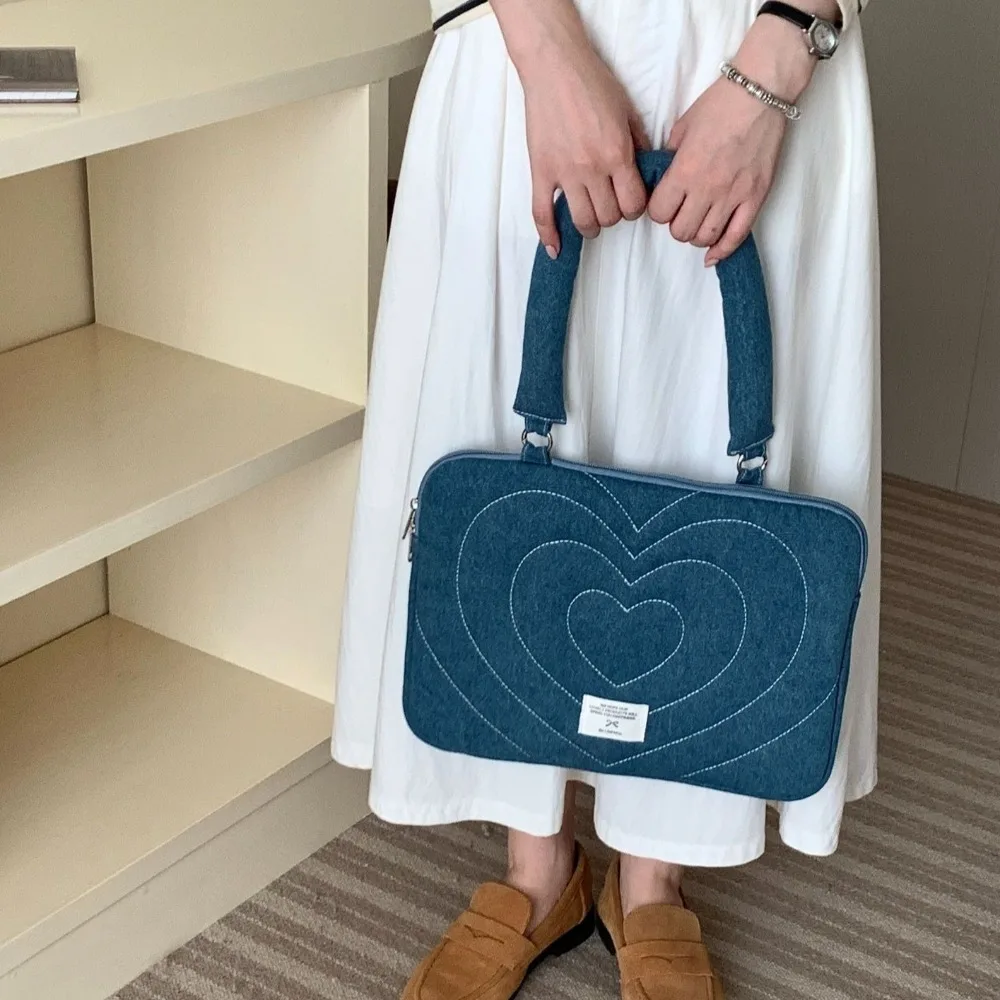 Washed Denim Bow Business Briefcases Love Heart Embroidered Document Tote Bolsas Multi-layer Thicken Laptop Sleeve Case Bag Men