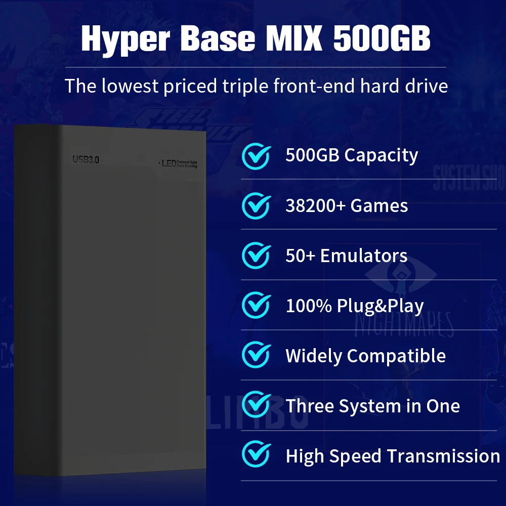 JMachen Hyper Base MIX 500GB Portable Gaming Hard Drive with 38200+ AAA & 3D & Retro Games for PS3/Switch/PS2/XBOX/WII/WIIU/PS1