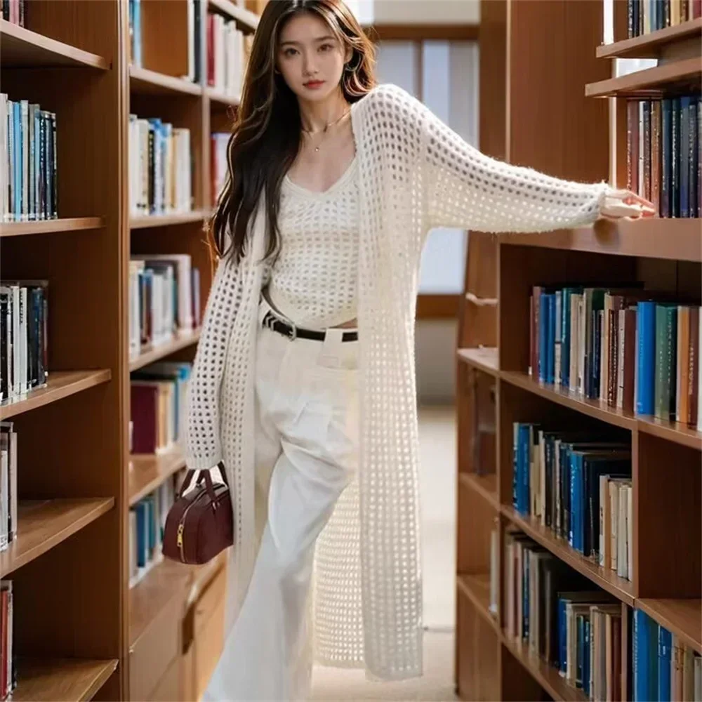 Women's Shawl Loose Air Conditioning Shirt Female V-neck Hollow Out Summer Thin Cardigan Long Knit Sweater Top Outside Jacket