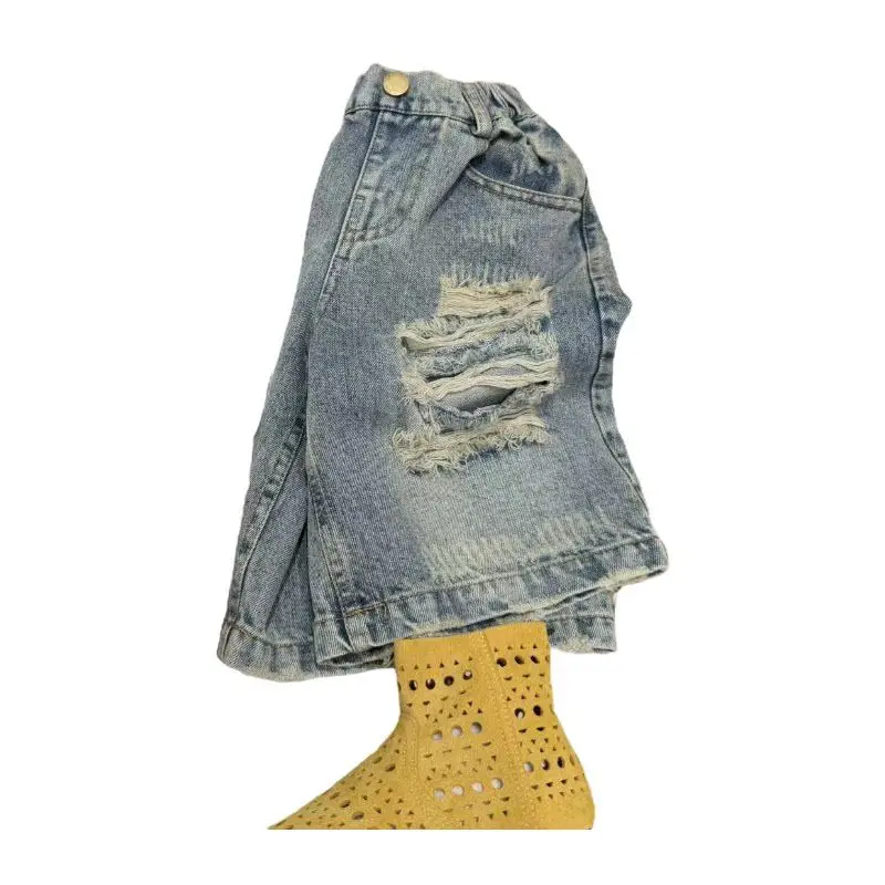 Girls Trendy American Street Style Five Point Ripped Kids Jeans Summer 2026 New Kids Ripped Pants